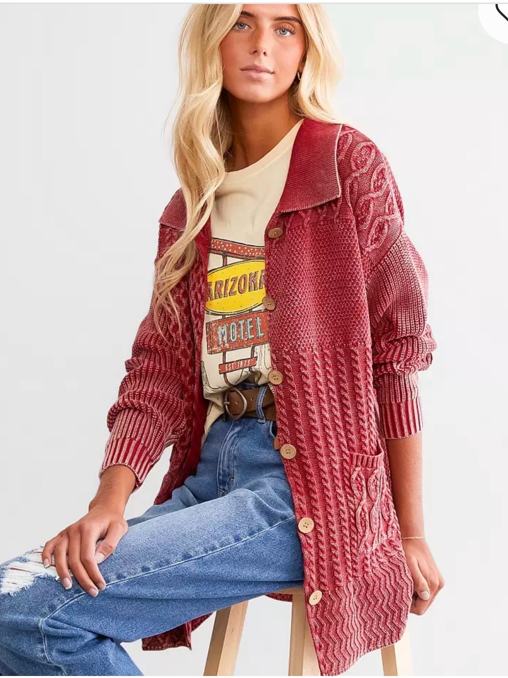 Washed Cable Knit Cardigan Sweater